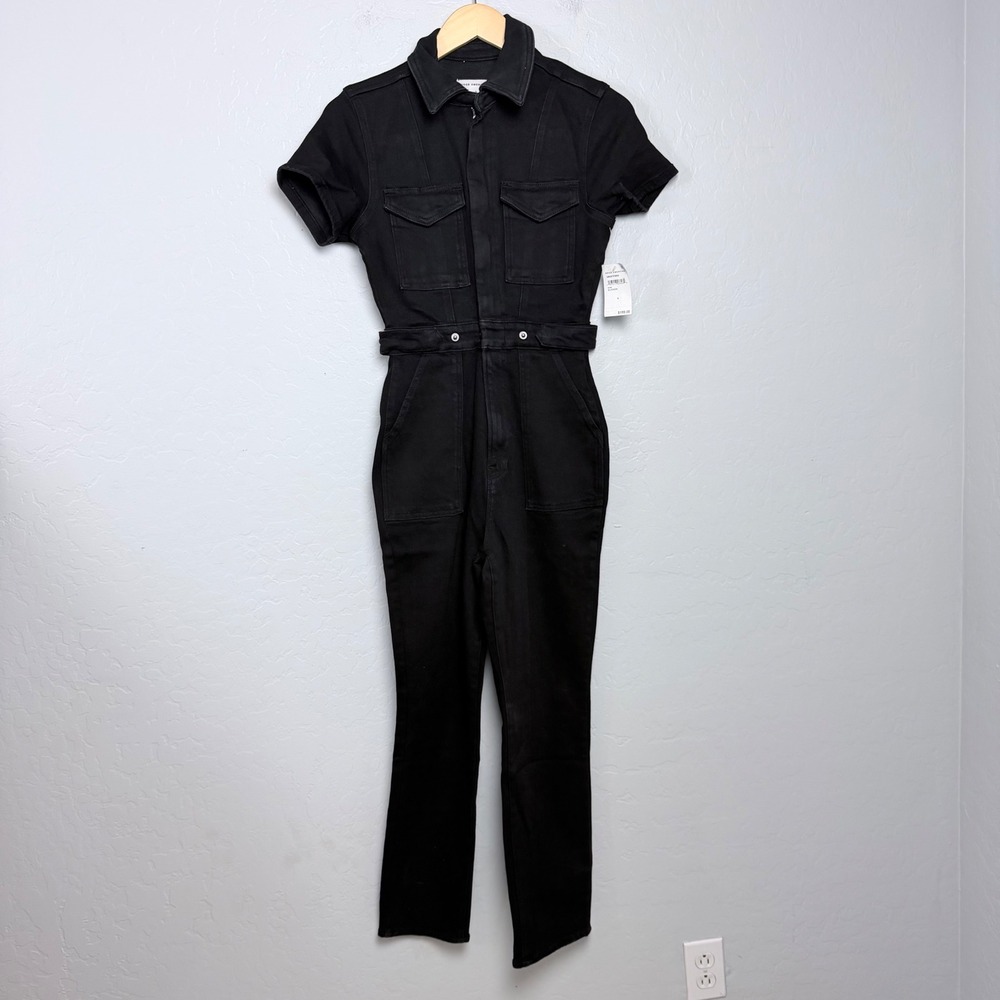 NEW Good American Fit For Success Jumpsuit Black Stretch Denim Short Sleeve S